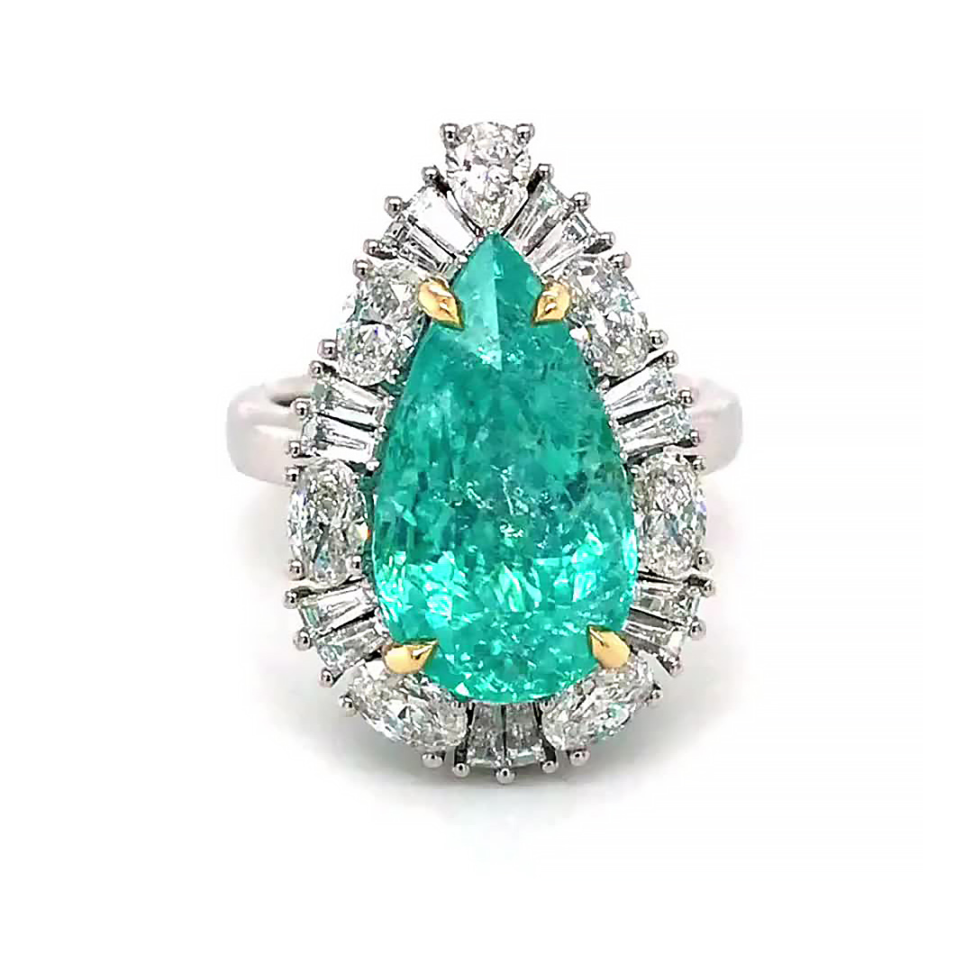 Custom Teardrop Emerald Engagement Ring With Round Cut Stone Halo Deposit
