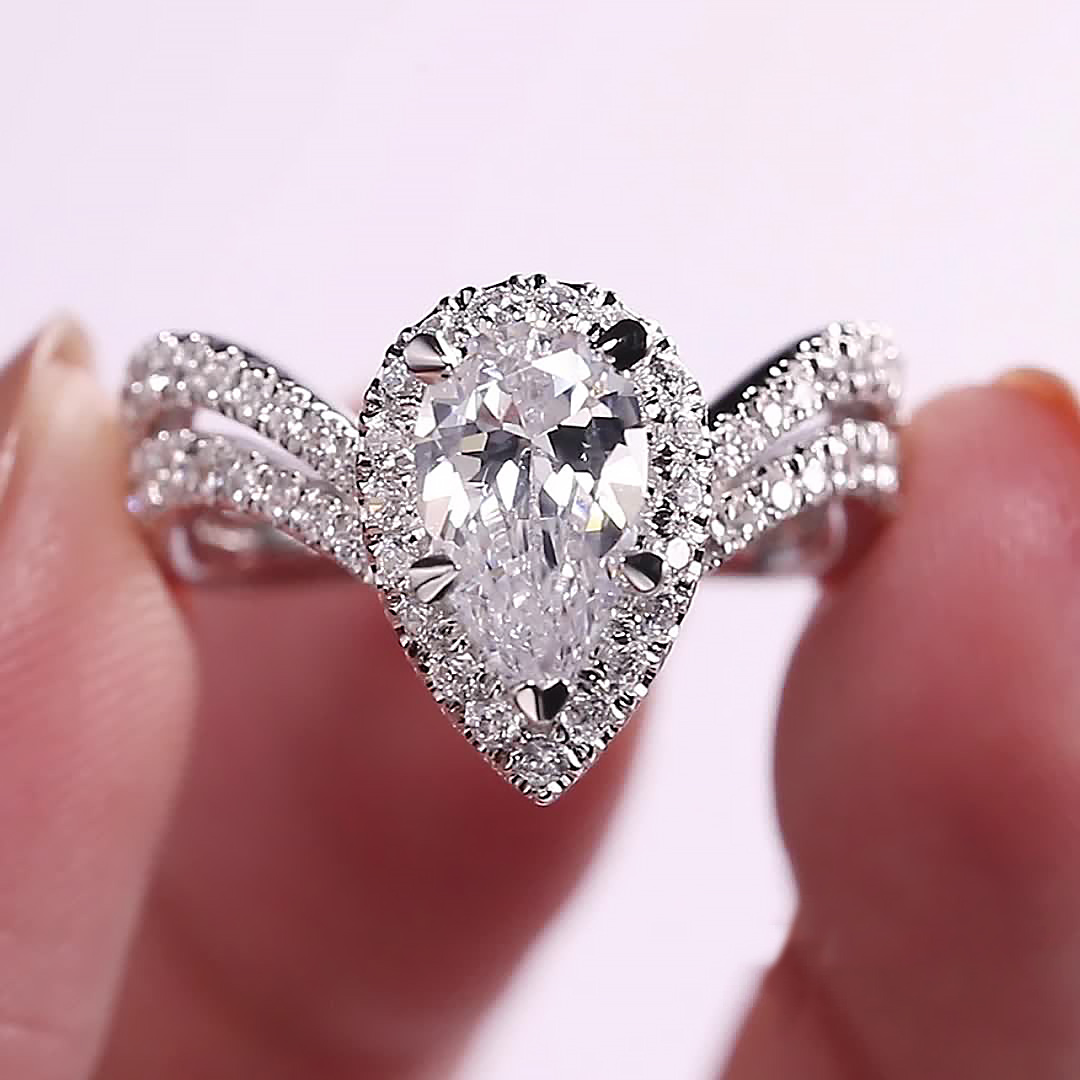 Custom Pear-Cut Center Stone Engagement Ring With Double Band And Halo Setting Deposit