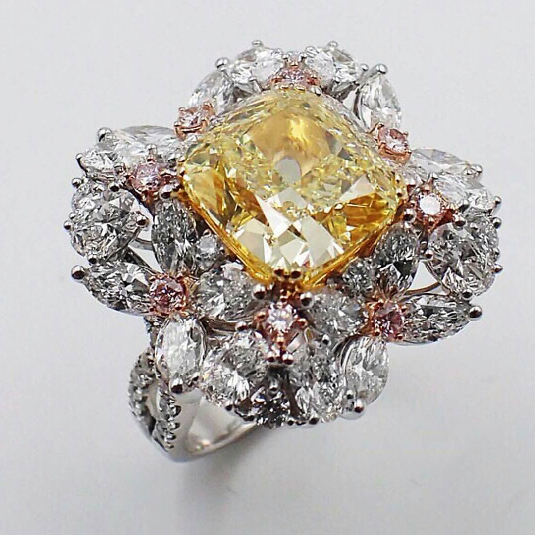 Custom Radiant-Cut Yellow Center Stone Ring With White Lilac Flowers Shape Pace Halo Deposit