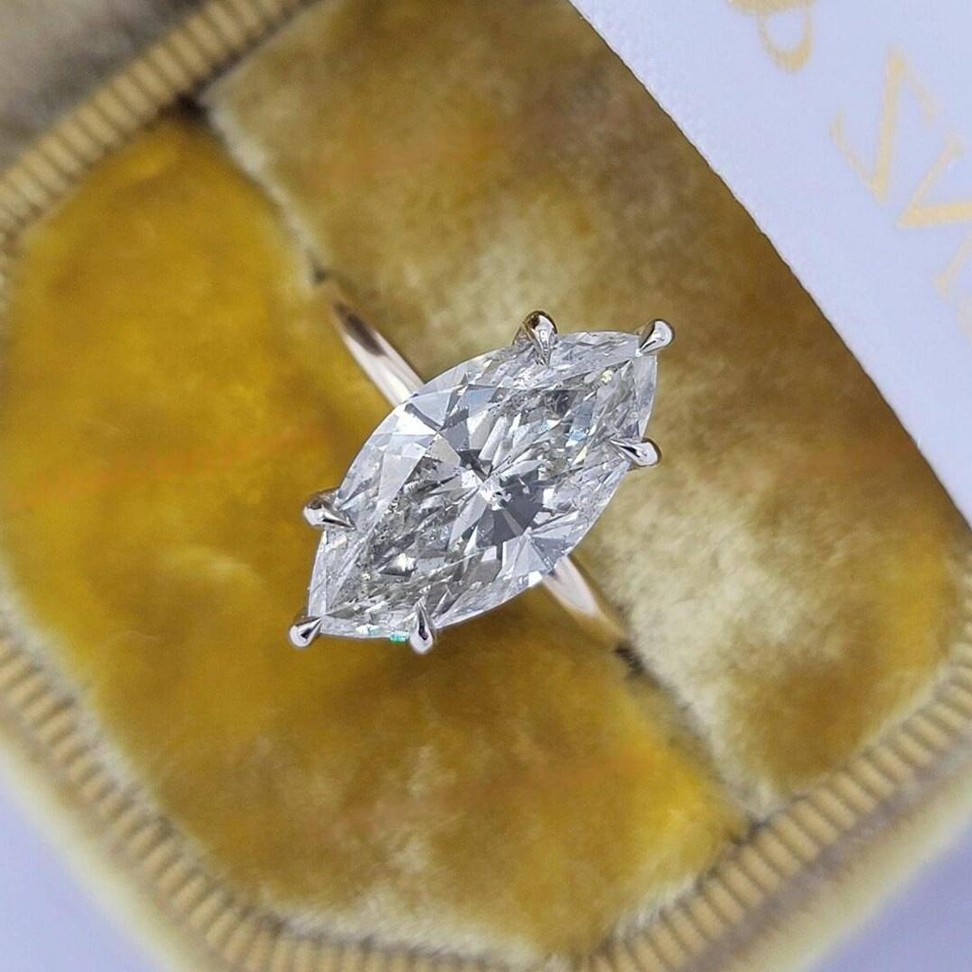 4CT Marquise Cut Moissanite 6 Prong Hidden Halo Engagement Ring In S925 Silver - 14K Yellow Gold Plated