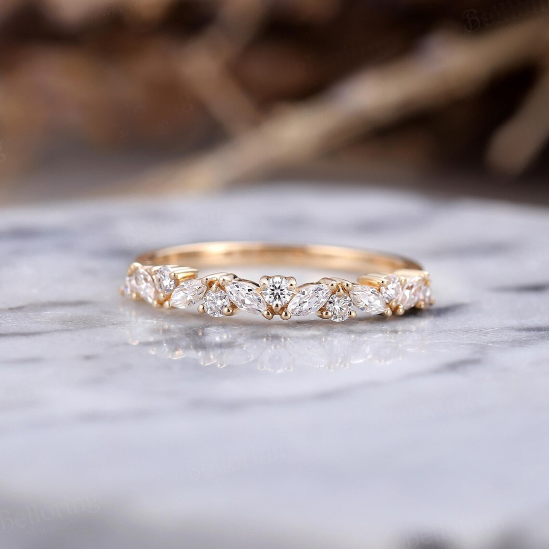 0.73CT Marquise & Round Cut Moissanite Wedding Band In S925 Silver - 14K Yellow Gold Plated