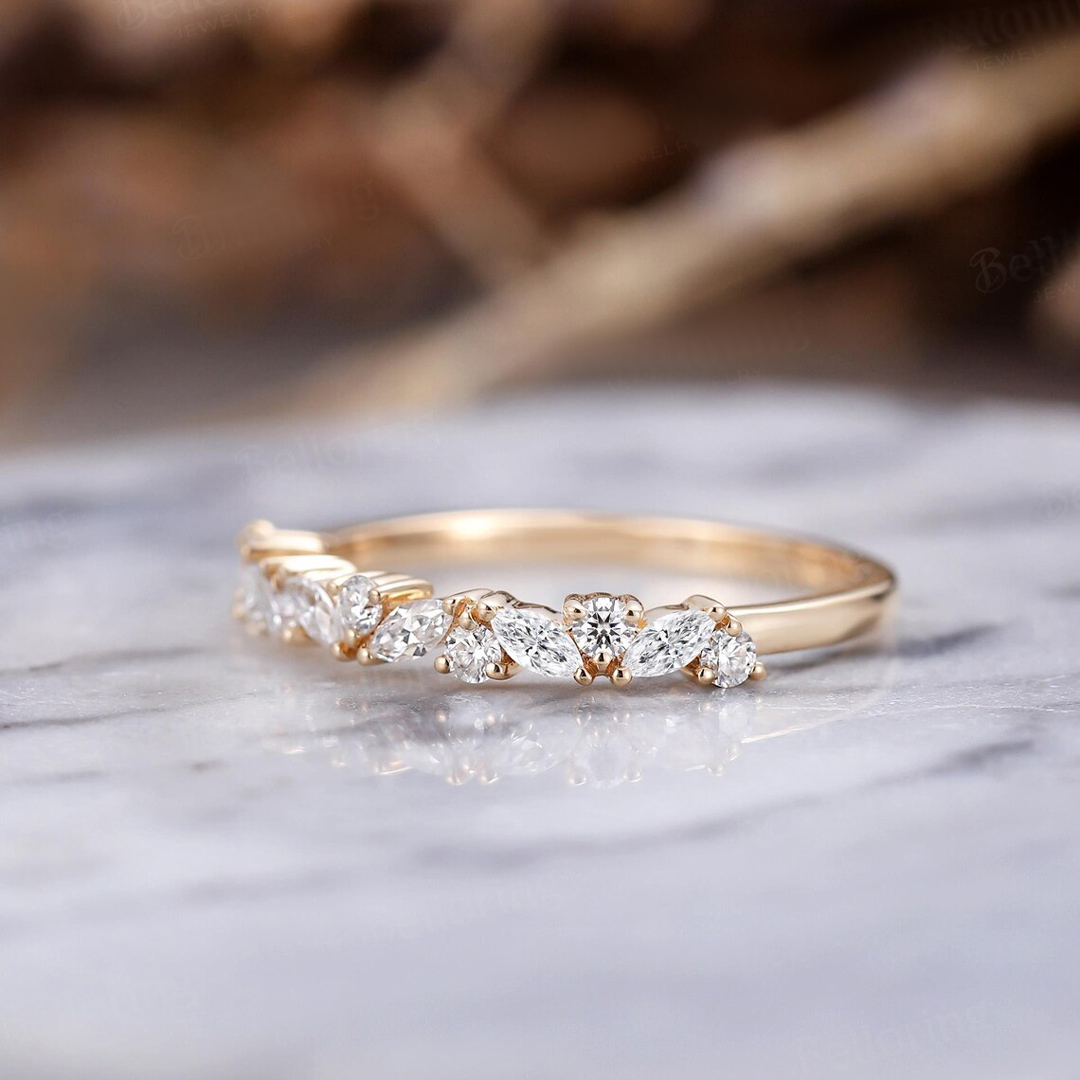 0.73CT Marquise & Round Cut Moissanite Wedding Band In S925 Silver - 14K Yellow Gold Plated