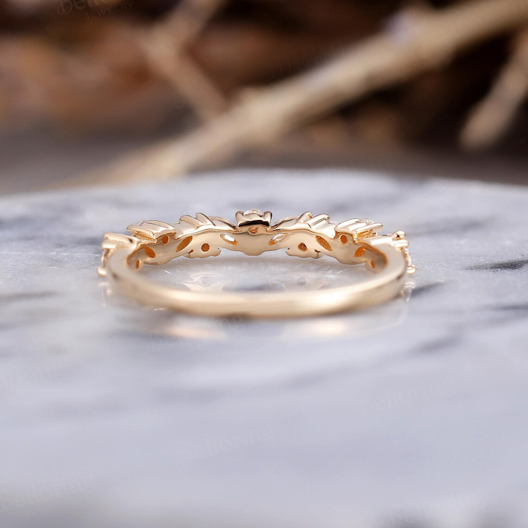 0.73CT Marquise & Round Cut Moissanite Wedding Band In S925 Silver - 14K Yellow Gold Plated