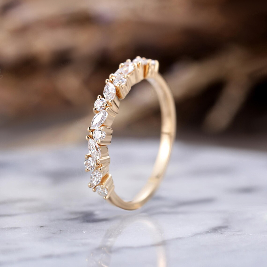 0.73CT Marquise & Round Cut Moissanite Wedding Band In S925 Silver - 14K Yellow Gold Plated